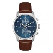 Hugo Boss Skymaster Chronograph Blue Dial Brown Leather Strap Watch for Men - 1513940