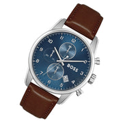 Hugo Boss Skymaster Chronograph Blue Dial Brown Leather Strap Watch for Men - 1513940