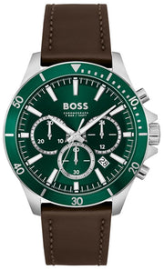 Hugo Boss Troper Chronograph Green Dial Brown Leather Strap Watch For Men - 1514098