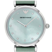Emporio Armani Gianni T Bar Mother Of Pearl Blue Dial Blue Leather Strap Watch For Women - AR1959