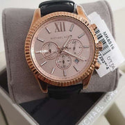 Michael Kors Lexington Chronograph Rose Gold Dial Black Leather Strap Watch For Men - MK8516