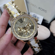 Michael Kors Wren Chronograph Diamonds Gold Dial Two Tone Steel Strap Watch for Women - MK6157