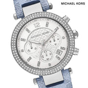 Michael Kors Parker Silver Dial Blue Leather Strap Watch For Women - MK6936