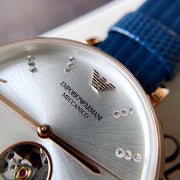 Emporio Armani Meccanico Gianni T-Bar Silver Dial Blue Leather Strap Watch For Women - AR60020