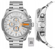 Diesel Mega Chief Chronograph White Dial Silver Steel Strap Watch For Men - DZ4328