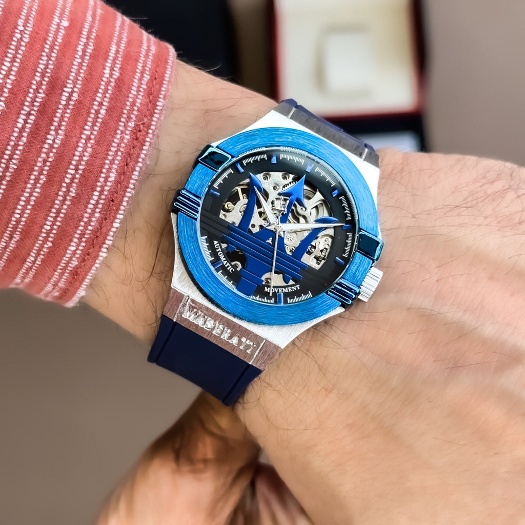 Maserati Potenza Automatic Skeleton Dial Blue Rubber Strap Watch