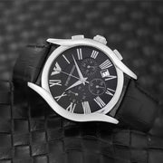 Emporio Armani Valente Chronograph Black Dial Black Leather Strap Watch For Men - AR1633