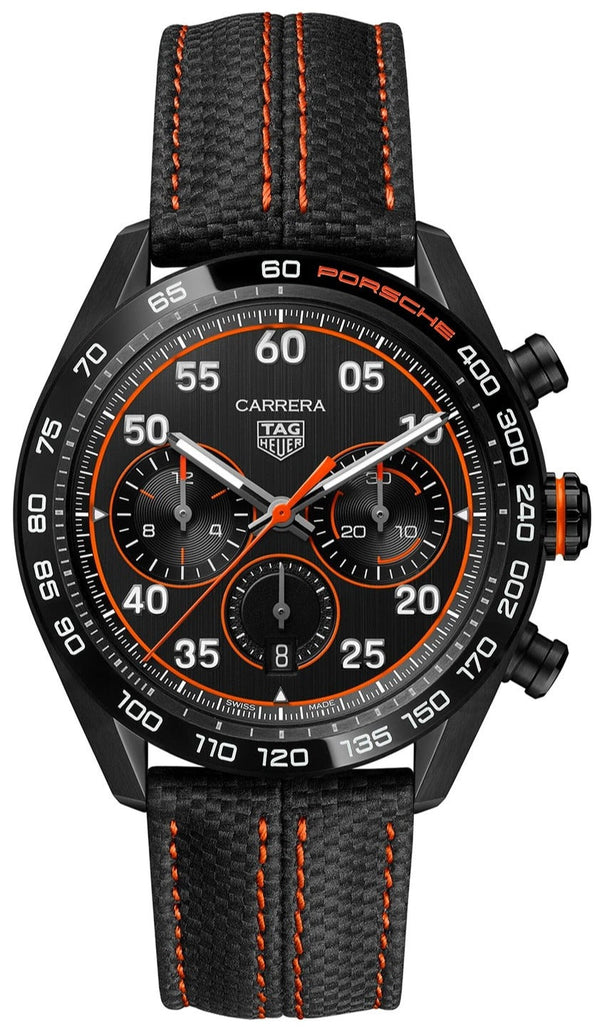 Tag Heuer Carrera Chronograph Porsche Orange Racing 44mm Black Dial Black Nylon Strap Watch for Men - CBN2A1M.FC6526
