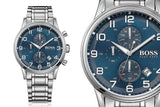 Hugo Boss Aeroliner Chronograph Blue Dial Silver Steel Strap Watch for Men - 1513183