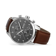 Hugo Boss Skymaster Chronograph Grey Dial Brown Leather Strap Watch for Men - 1513787