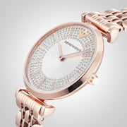 Emporio Armani Gianni T-Bar Crystals Silver Dial Rose Gold Steel Strap Watch For Women - AR11446