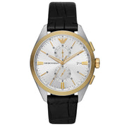 Emporio Armani Claudio Chronograph Silver Dial Black Leather Strap Watch For Men - AR11498