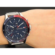 Tommy Hilfiger Bank Chronograph Blue Dial Silver Steel Strap Watch for Men - 1791718