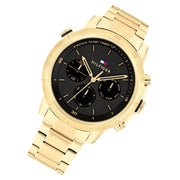 Tommy Hilfiger Troy Chronograph Black Dial Gold Steel Strap Watch For Men - 1792109