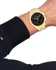 Tommy Hilfiger Troy Chronograph Black Dial Gold Steel Strap Watch For Men - 1792109