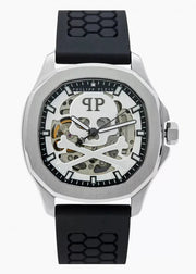 Philipp Plein High-Conic Automatic Silver Dial Black Silicone Strap Watch For Men- PWRAA0123