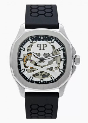 Philipp Plein High-Conic Automatic Silver Dial Black Silicone Strap Watch For Men- PWRAA0123