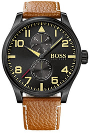 Hugo Boss Aeroliner Maxx Chronograph Black Dial Brown Leather Strap Watch For Men - HB1513082