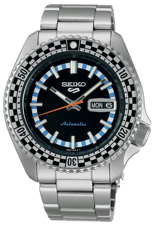 Seiko 5 Sports Checker Flag Special Edition Black Dial Silver Steel Strap Watch For Men - SRPK67K1