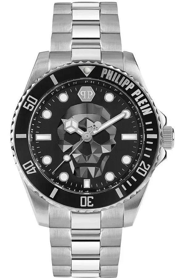 Philipp Plein The $kull Diver Black Dial Silver Steel Strap Watch For Men- PWOAA0522