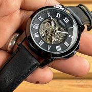 Fossil Grant Automatic Chronograph Black Dial Black Leather Strap Watch for Men - ME3028