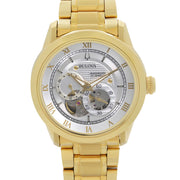 Bulova BVA Skeleton Silver Dial Gold Steel Strap Watch for Men - 97A108