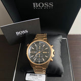 Hugo Boss Globetrotter Chronograph Black Dial Gold Steel Strap Watch for Men - 1513932