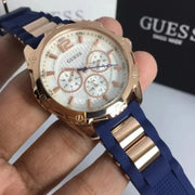 Guess Interpid White & Rose Gold Dial Blue Silicone Strap Watch For Women - W0325L8