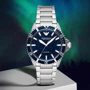 Emporio Armani Sea Explorer Meccanico Automatic Blue Dial Silver Steel Strap Watch For Men - AR60059