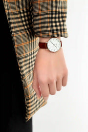 Daniel Wellington Classic Petite St Mawes White Dial Brown Leather Strap Watch For Women - DW00100187