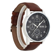 Hugo Boss Navigator Chronograph Grey Dial Brown Leather Strap Watch for Men - 1513494