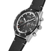 Hugo Boss Globetrotter Chronograph Black Dial Black Leather Strap Watch for Men - 1513864