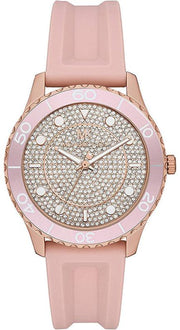 Michael Kors Runway Three Hand Crystal Pave Dial Pink Rubber Strap Watch For Women - MK6854
