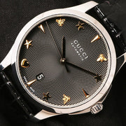 Gucci G Timeless Automatic Black Dial Black Leather Strap Watch For Women - YA126469