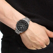 Lacoste Boston Chronograph Black Dial Silver Steel Strap Watch for Men - 2011079