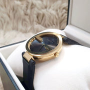Gucci Interlocking G Gold Black Dial Black Leather Strap Unisex Watch - YA133326