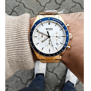 Hugo Boss Trophy Chronograph White Dial Gold Steel Strap Watch for Men - 1513631