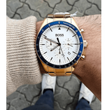 Hugo Boss Trophy Chronograph White Dial Gold Steel Strap Watch for Men - 1513631