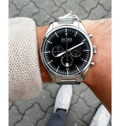 Hugo Boss Pioneer Chronograph Black Dial Silver Steel Strap Watch for Men - 1513712