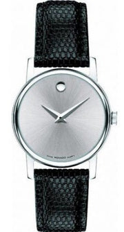 Movado Museum Silver Dial Black Leather Strap Watch For Women - 2100003