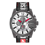 Diesel Mega Chief Chronograph Silver Dial Black Leather Strap Watch For Men - DZ4512