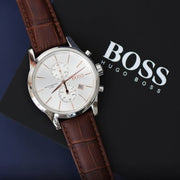 Hugo Boss Jet Chronograph Silver Dial Brown Leather Strap Watch for Men - 1513280