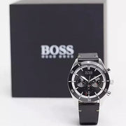 Hugo Boss Globetrotter Chronograph Black Dial Black Leather Strap Watch for Men - 1513864