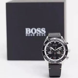 Hugo Boss Globetrotter Chronograph Black Dial Black Leather Strap Watch for Men - 1513864