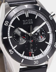 Hugo Boss Globetrotter Chronograph Black Dial Black Leather Strap Watch for Men - 1513864