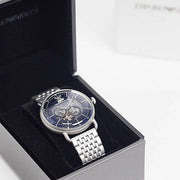 Emporio Armani Aviator Skeleton Blue Dial Silver Mesh Bracelet Watch For Men - AR60024