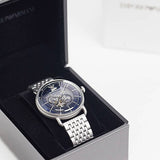 Emporio Armani Aviator Skeleton Blue Dial Silver Mesh Bracelet Watch For Men - AR60024