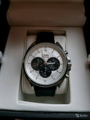 Hugo Boss Driver Chronograph Quartz Silver Dial Black Leather Strap Watch For Men - 1512880