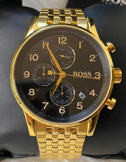 Hugo Boss Navigator Chronograph Black Dial Gold Steel Strap Watch for Men - 1513531