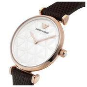 Emporio Armani Gianni T-Bar Silver Dial Brown Leather Strap Watch for Women - AR1990